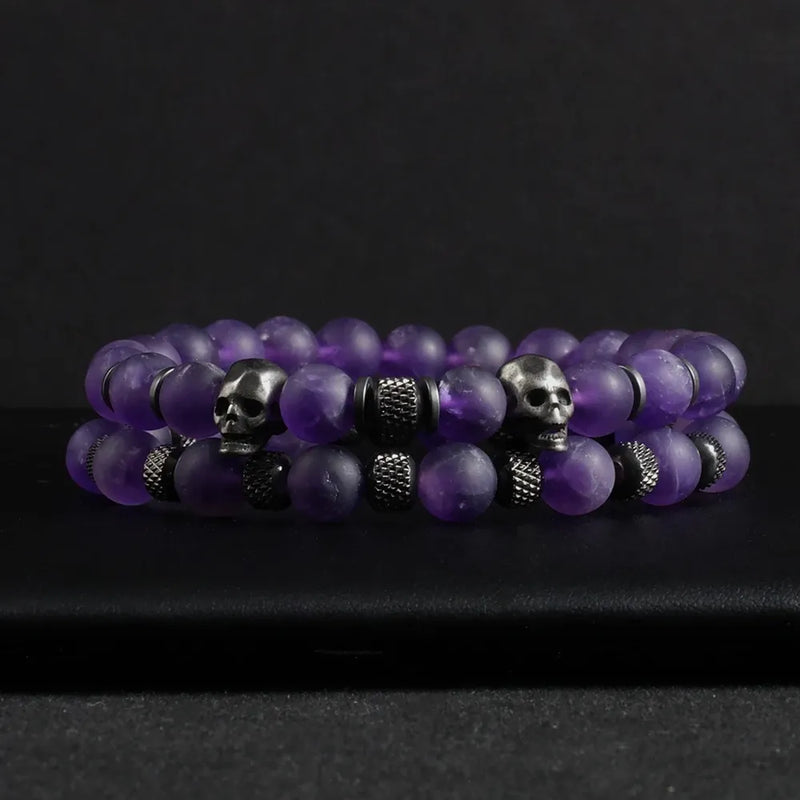 Amethyst Stone Skull Bracelet Set