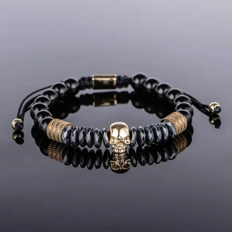 Black Luxury Beaded Bracelet - Gold - Black Skull B