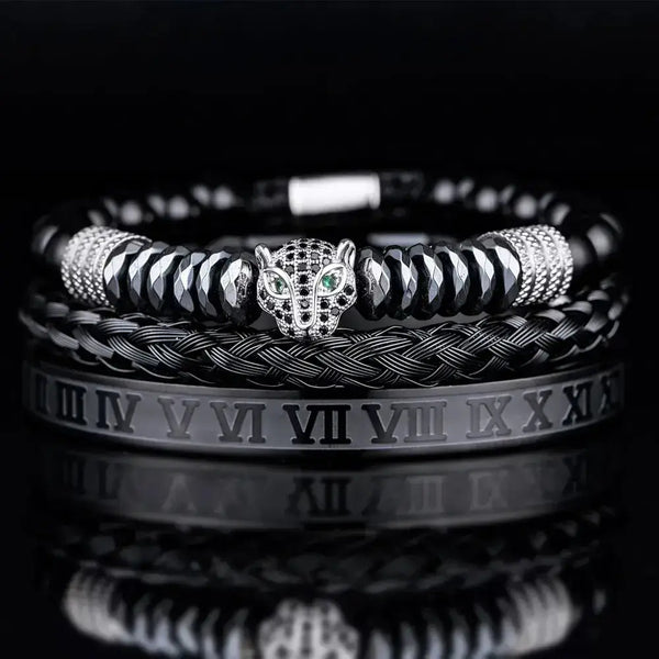Black Leopard Bracelet Set - Black - Silver