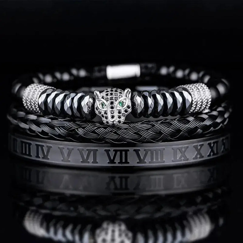 Black Leopard Bracelet Set - Black - Silver