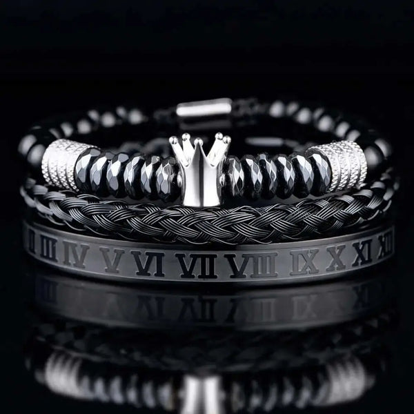 Black Crown Bracelet Set - Black - Silver