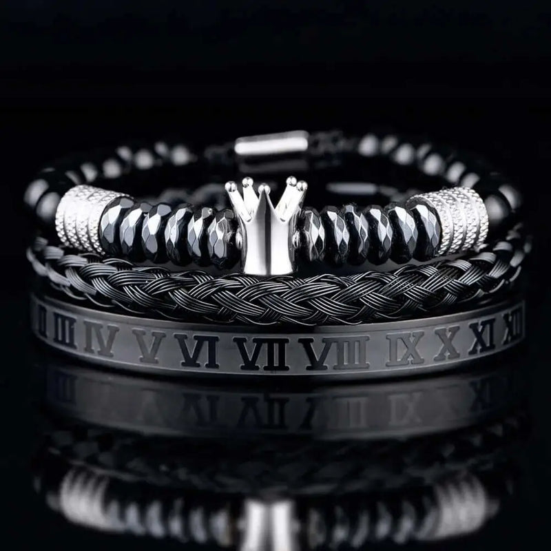 Black Crown Bracelet Set - Black - Silver