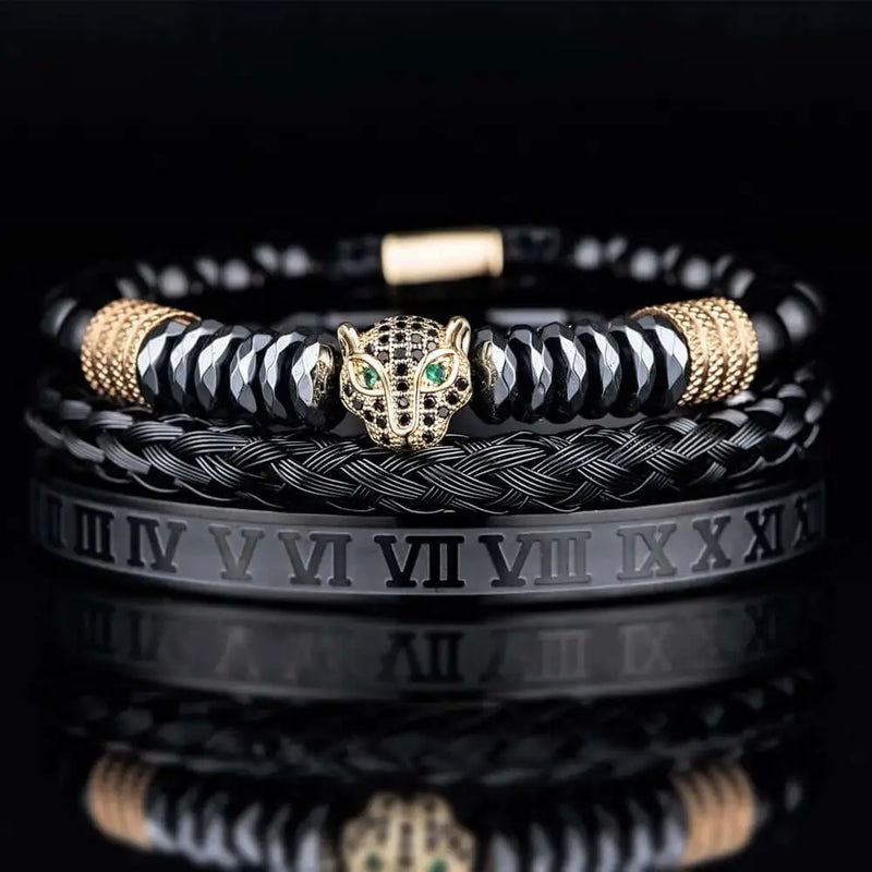 Black Leopard Bracelet Set - Black - Gold