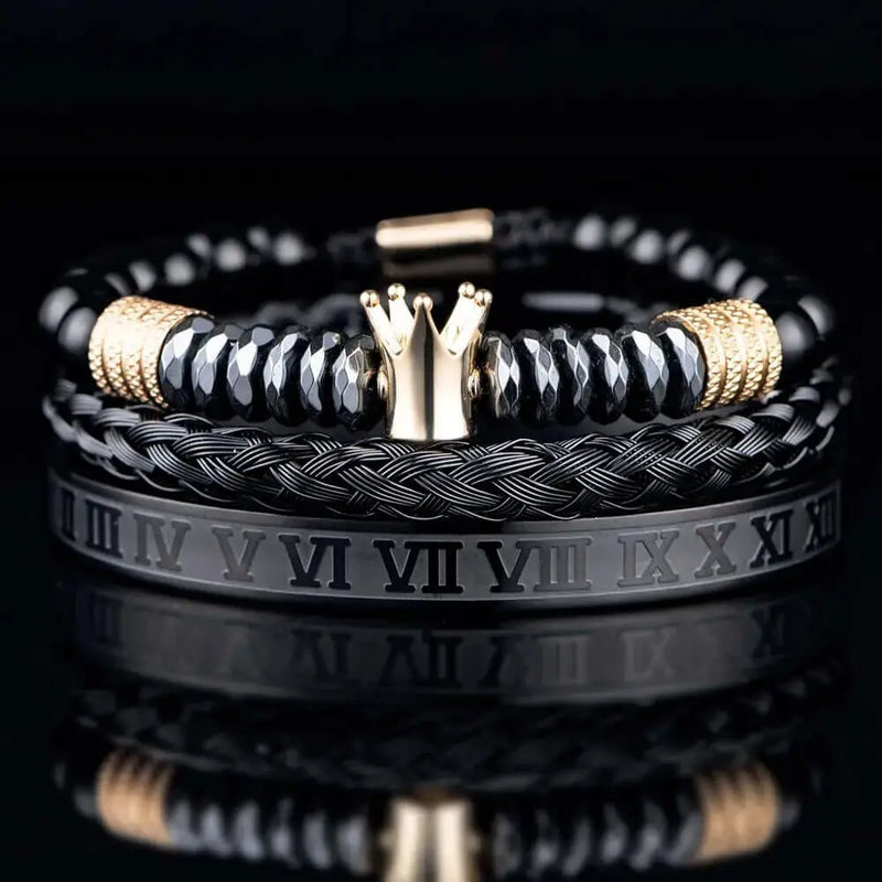 Black Crown Bracelet Set - Black - Gold
