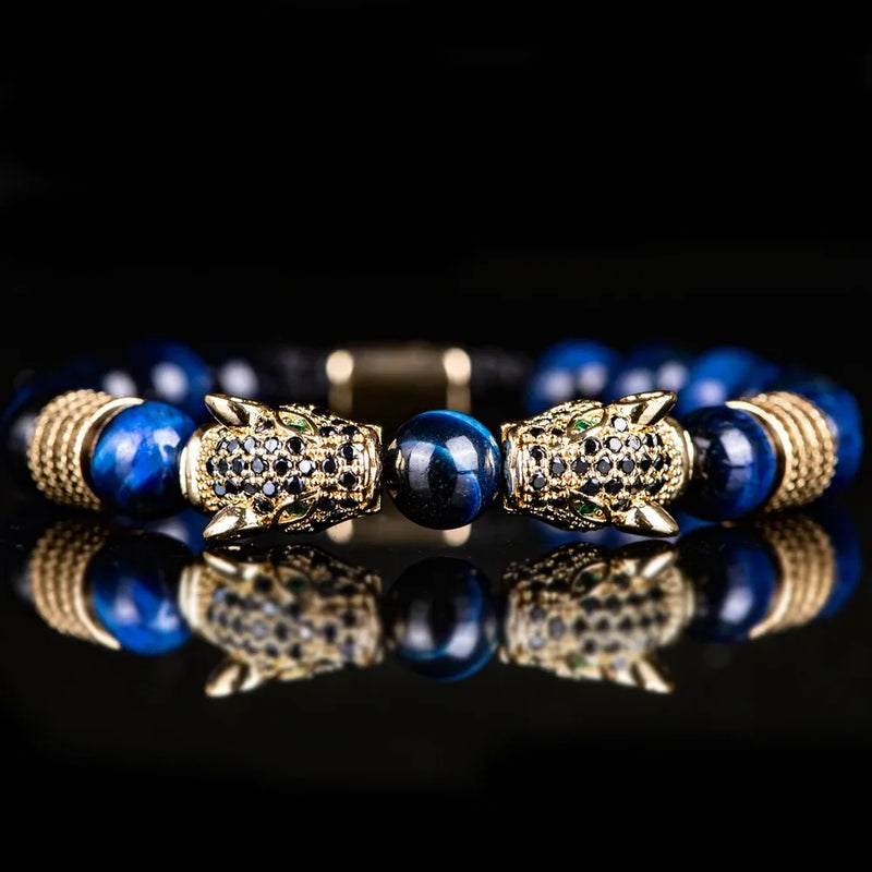 Colored Double Leopard Beaded Bracelet - Gold - Blue