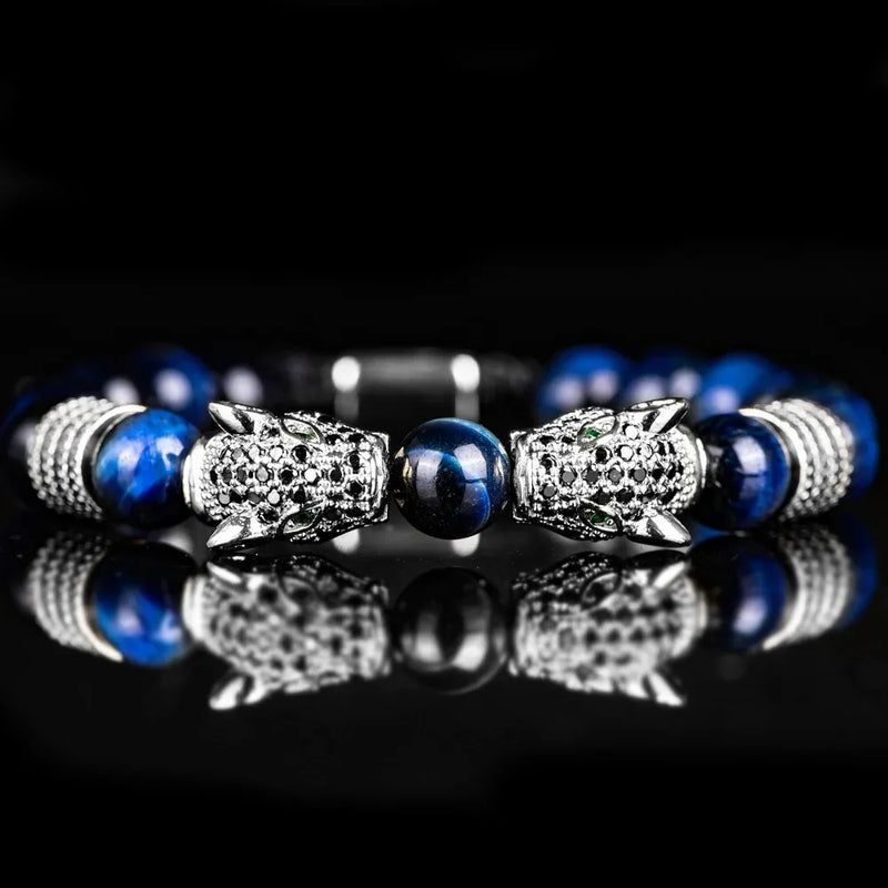 Colored Double Leopard Beaded Bracelet - Silver - Blue
