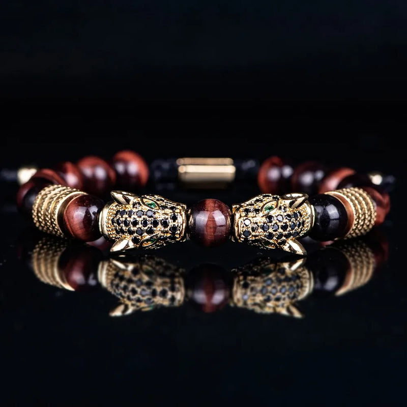 Colored Double Leopard Beaded Bracelet - Gold - Brown