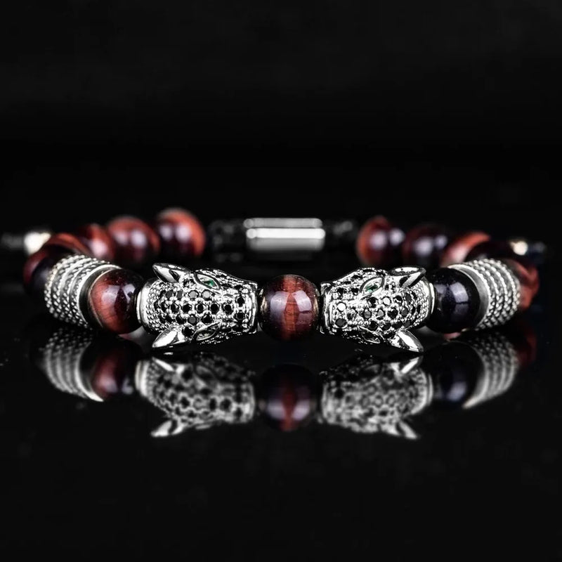Colored Double Leopard Beaded Bracelet - Silver - Brown