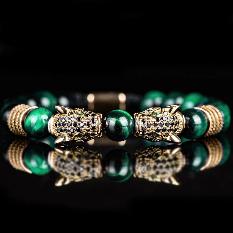 Colored Double Leopard Beaded Bracelet - Gold - Green