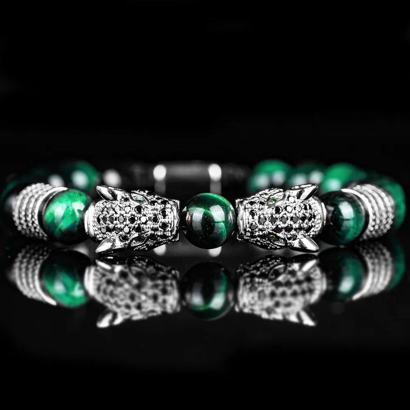 Colored Double Leopard Beaded Bracelet - Silver - Green