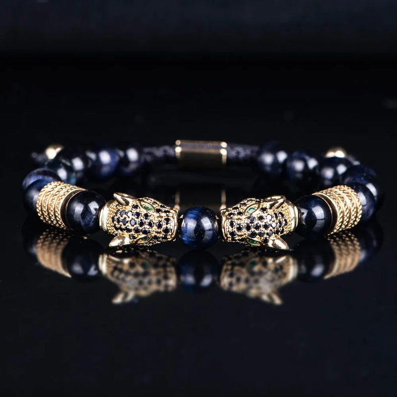 Colored Double Leopard Beaded Bracelet - Gold - Navy