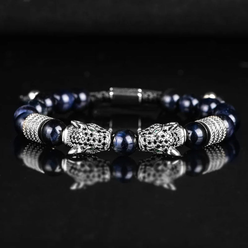 Colored Double Leopard Beaded Bracelet - Silver - Navy