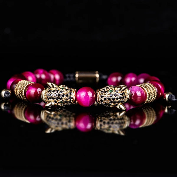Colored Double Leopard Beaded Bracelet - Gold - Red