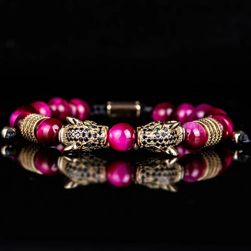 Colored Double Leopard Beaded Bracelet - Gold - Red