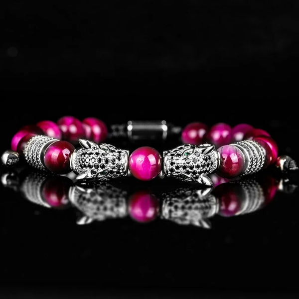 Colored Double Leopard Beaded Bracelet - Silver - Red