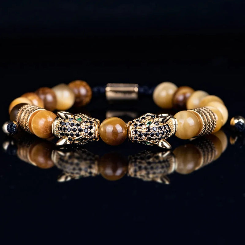 Colored Double Leopard Beaded Bracelet - Gold - Tiger-eye