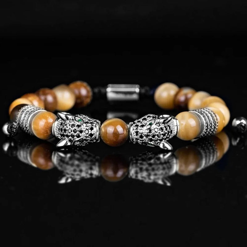Colored Double Leopard Beaded Bracelet - Silver - Tiger-eye