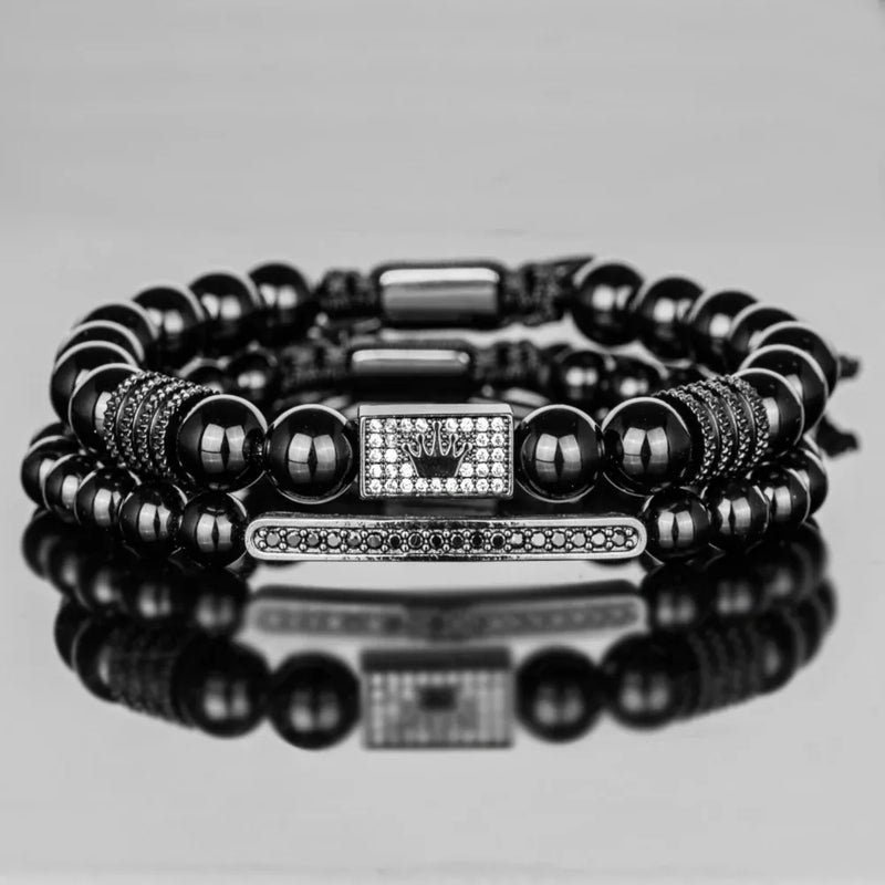 Crown Roman Beaded Bracelet Set - Black