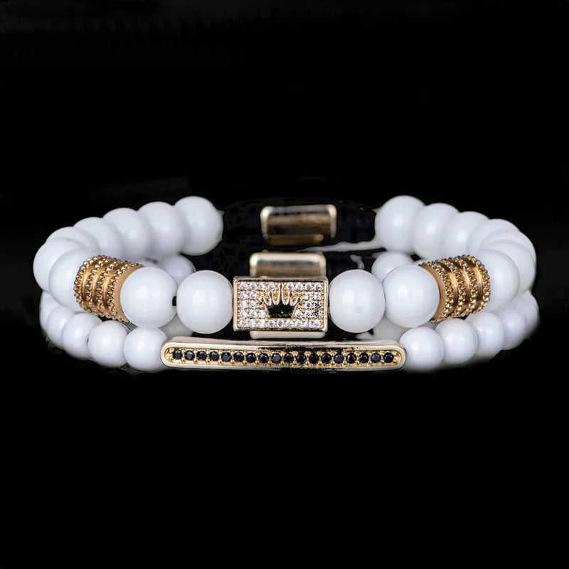 Crown Roman Beaded Bracelet Set - White
