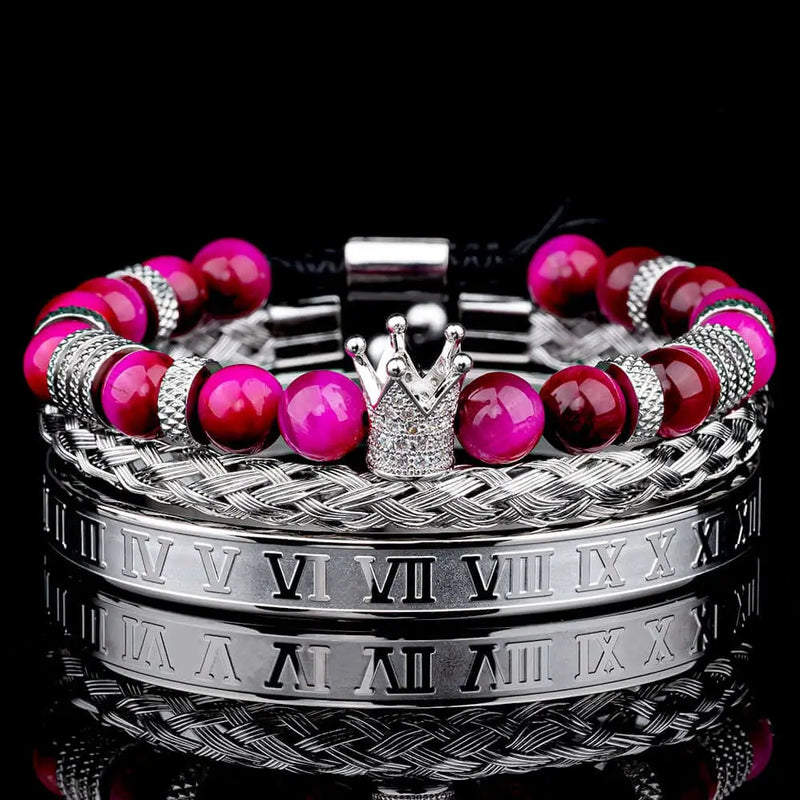Deluxe Roman Crown Bracelet Set - Silver - Pink