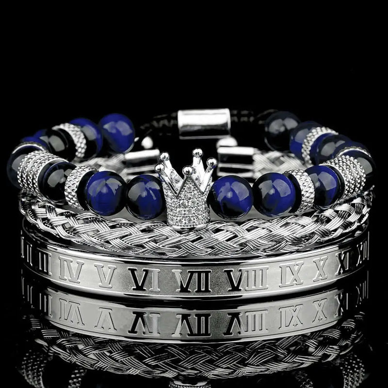 Deluxe Roman Crown Bracelet Set - Silver - Blue