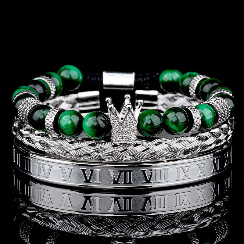Deluxe Roman Crown Bracelet Set - Silver - Green