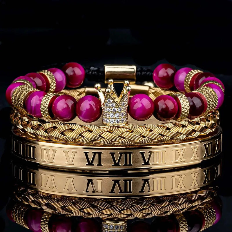 Deluxe Roman Crown Bracelet Set - Gold - Pink