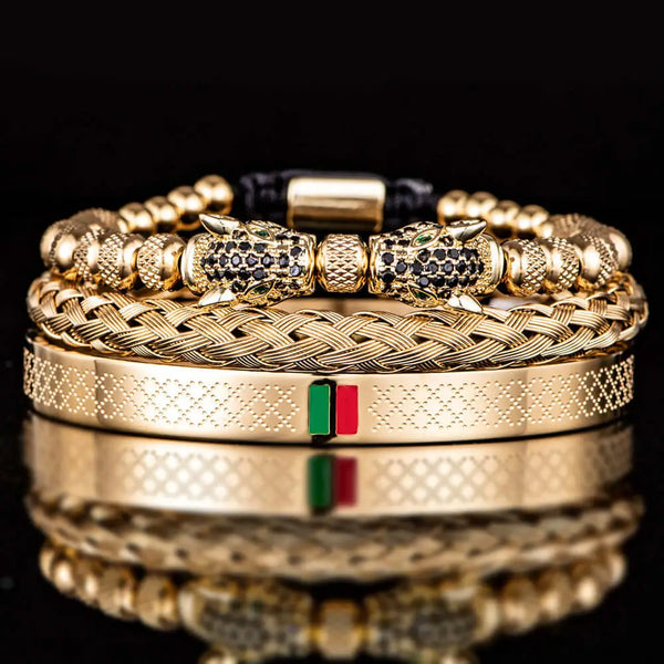 Double Leopard Head Bracelet Set - Gold