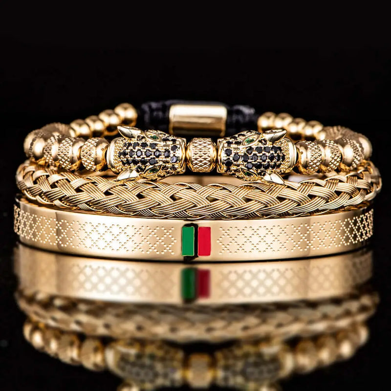 Double Leopard Head Bracelet Set - Gold