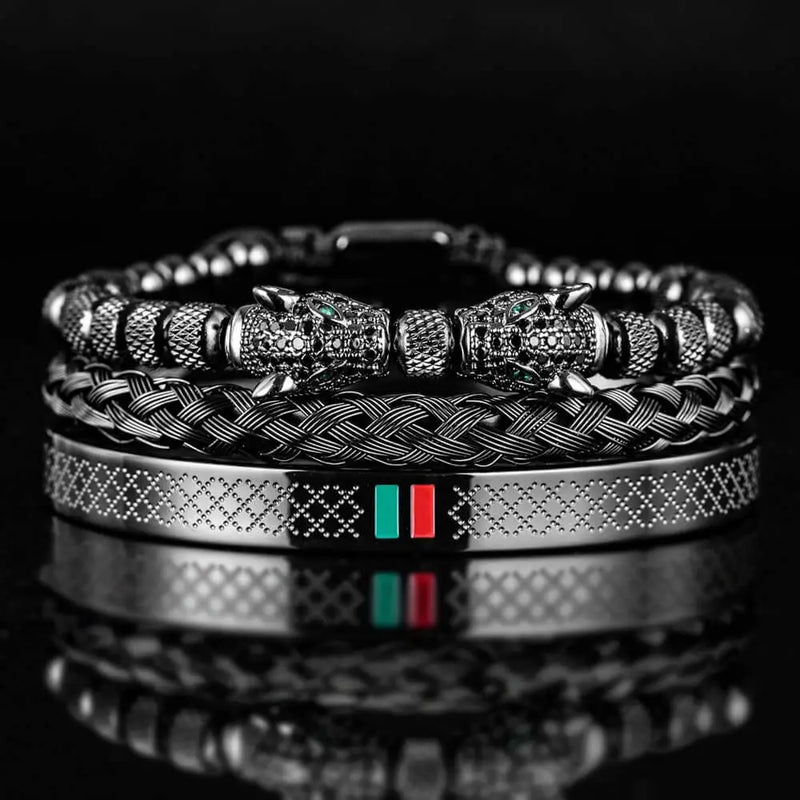 Double Leopard Head Bracelet Set - Black