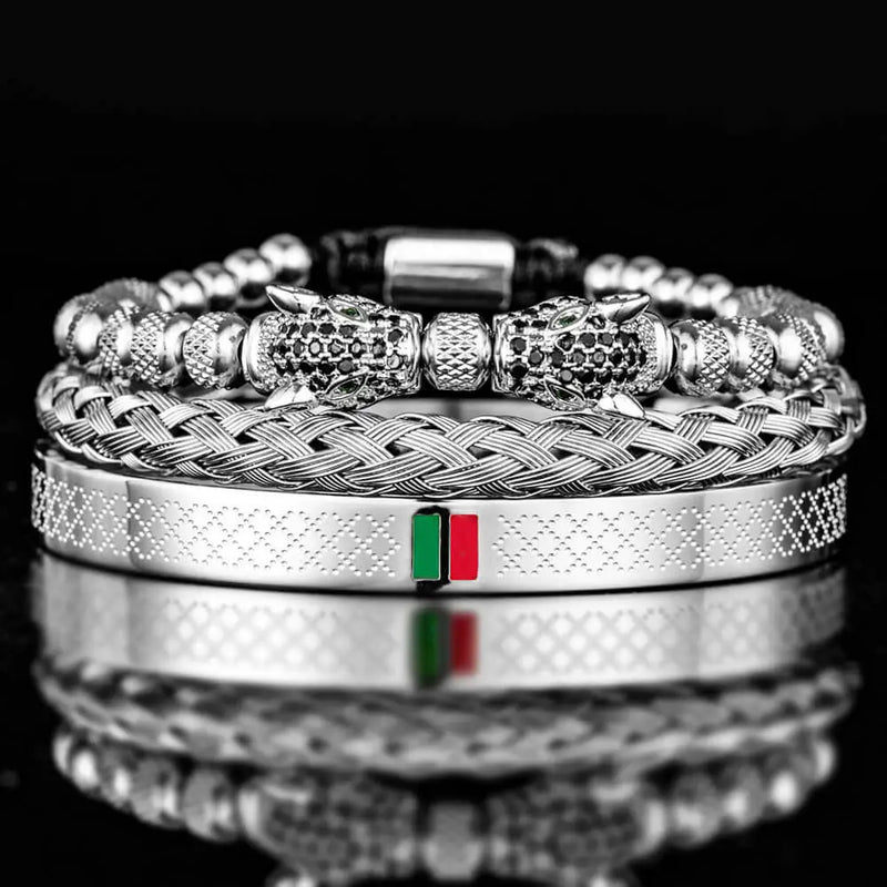 Double Leopard Head Bracelet Set - Silver