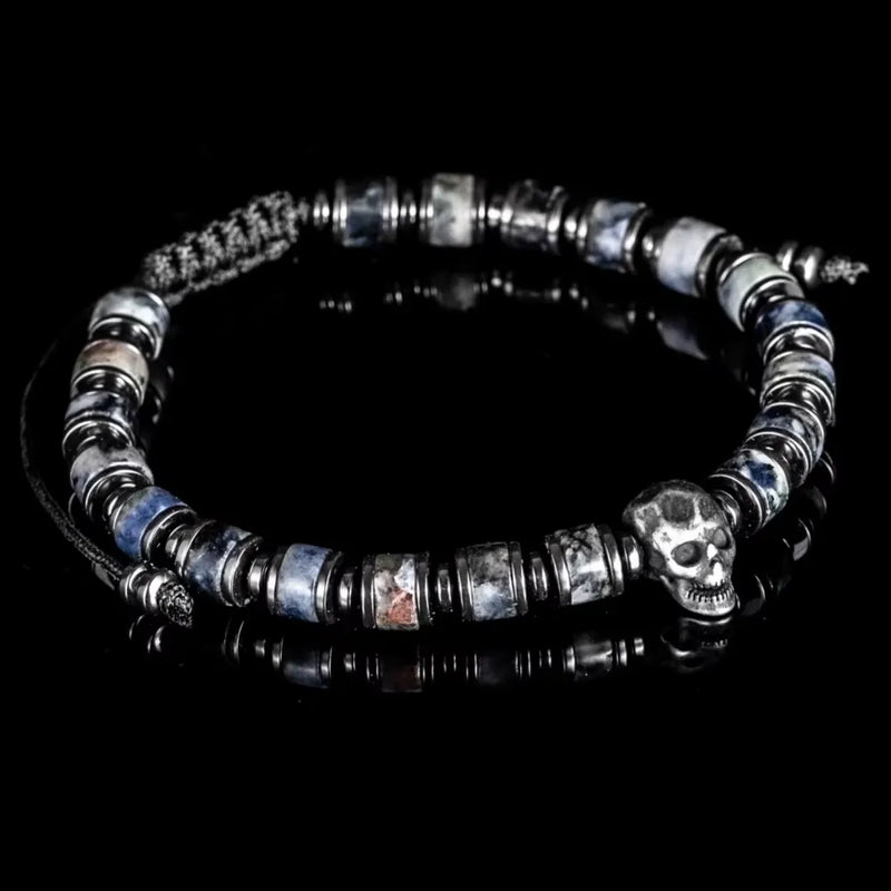 Gothic Skull Bracelet – Blue – stone bead bracelet with stainless steel skull