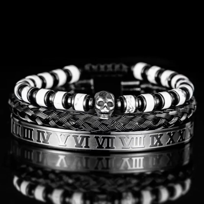 Gothic Skull Bracelet Set – White – light stone beads with stainless steel bangles