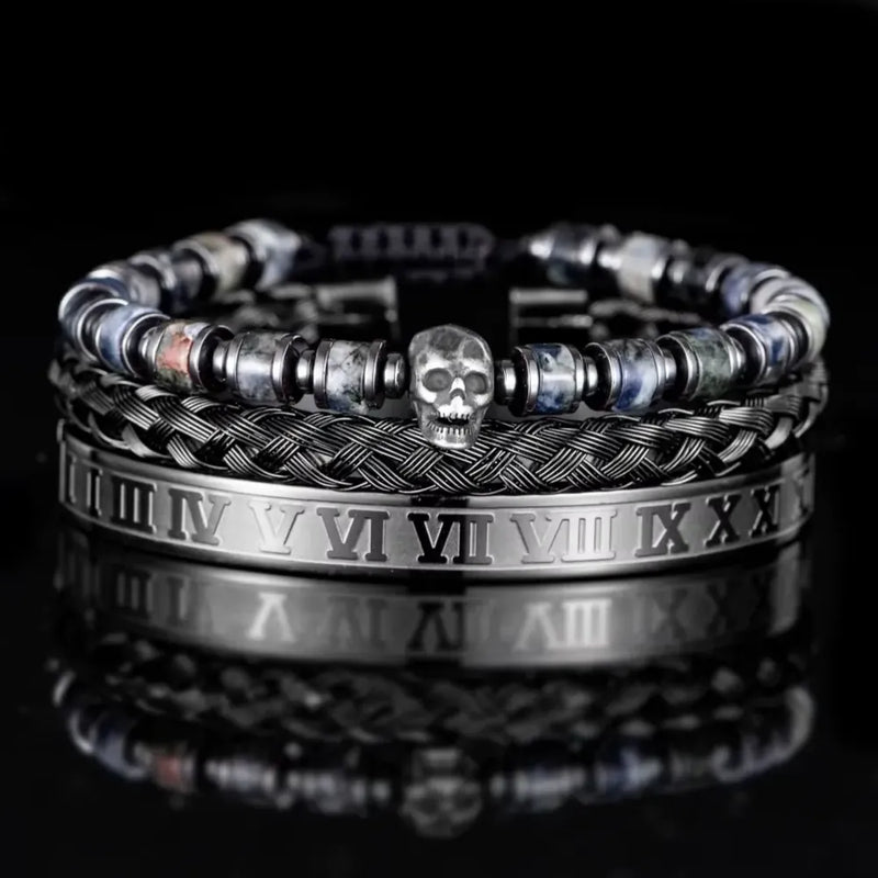 Gothic Skull Bracelet Set – Blue – stone beads and stainless steel bangles