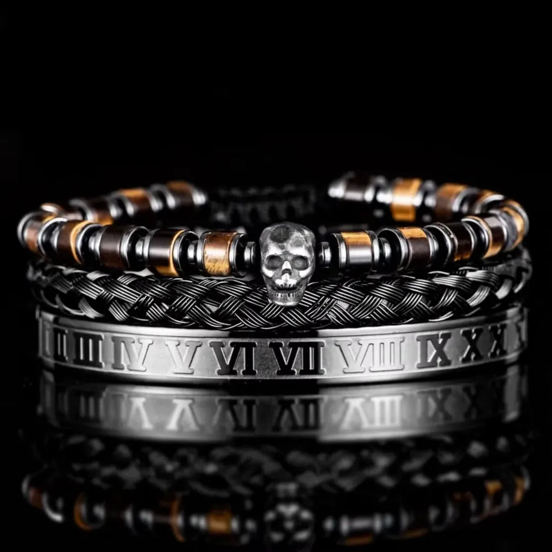 Gothic Skull Bracelet Set – Brown – tiger style stone beads with skull detail