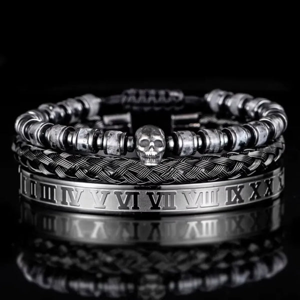 Gothic Skull Bracelet Set – Grey – marble stone beads with black cuff