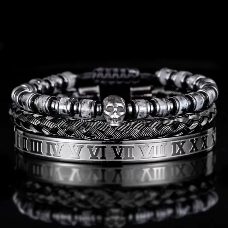 Gothic Skull Bracelet Set – Grey – marble stone beads with black cuff