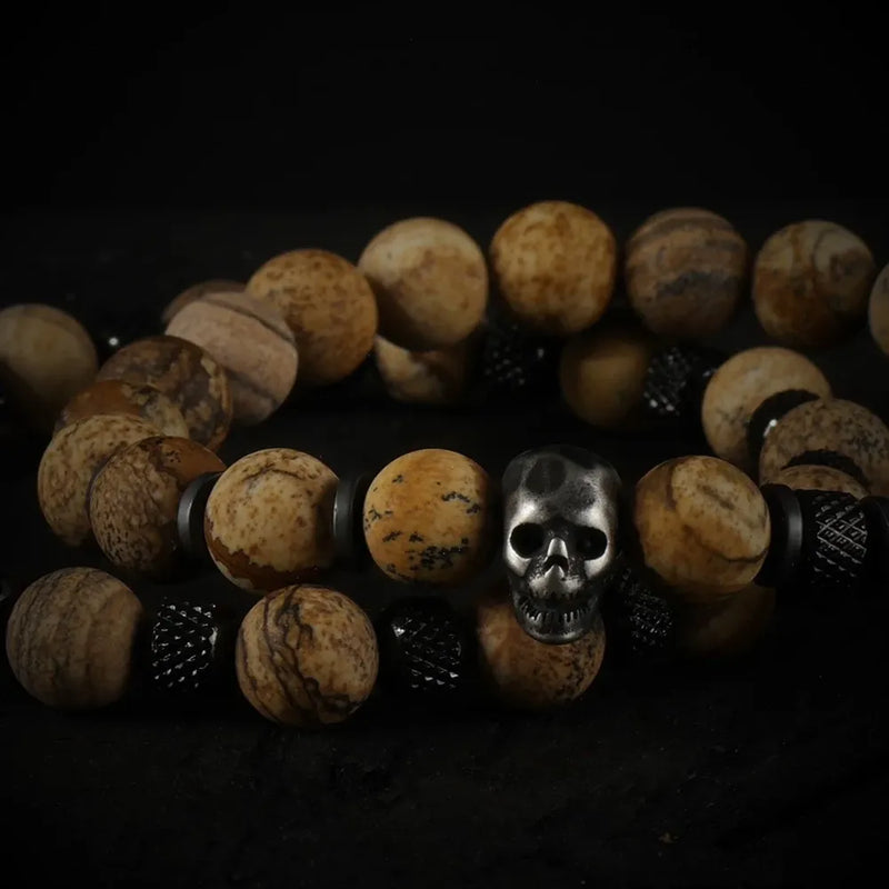 Khaki Stone Skull Bracelet Set