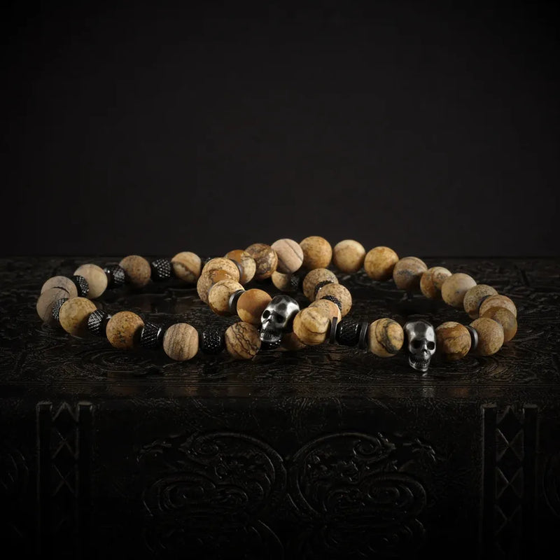 Khaki Stone Skull Bracelet Set