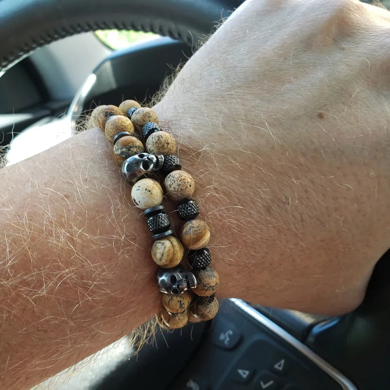 Khaki Stone Skull Bracelet Set