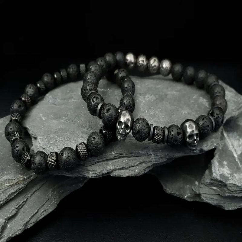 Lava Stone Skull Bracelet Set