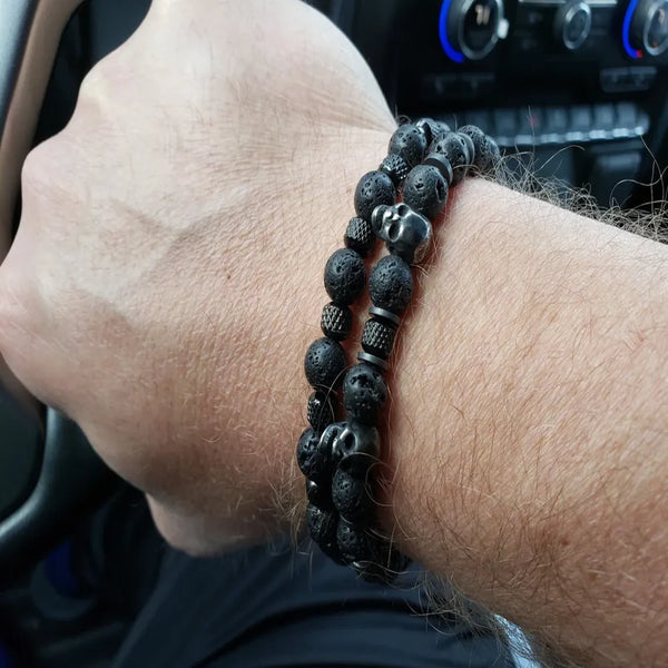 Lava Stone Skull Bracelet Set