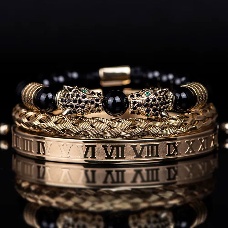 Leopard Emperor Bracelet Set - Black Stones - Black - Gold