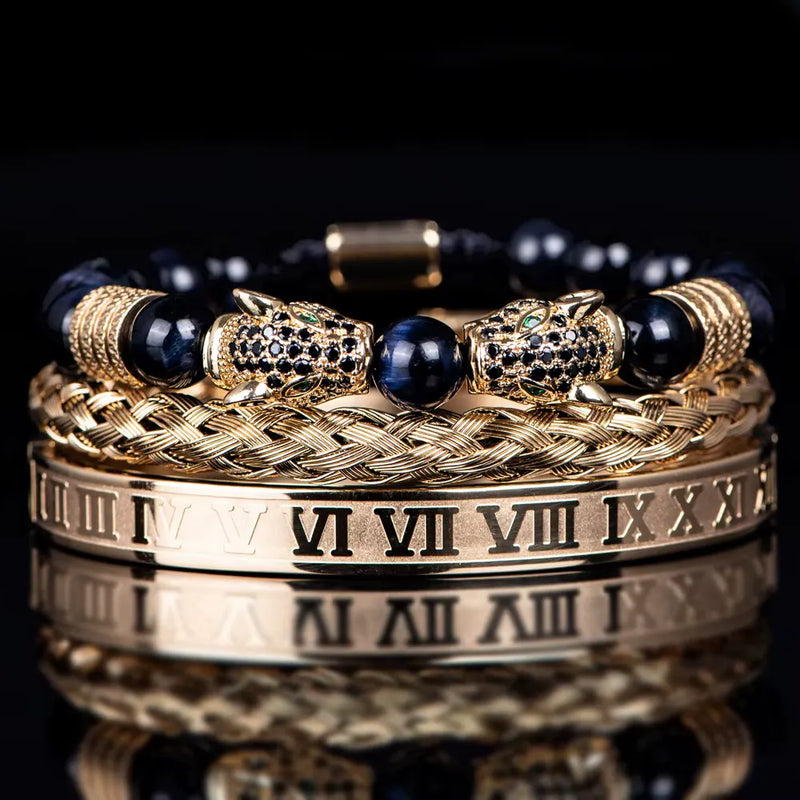 Leopard Emperor Bracelet Set - Black Stones - Navy - Gold - Black
