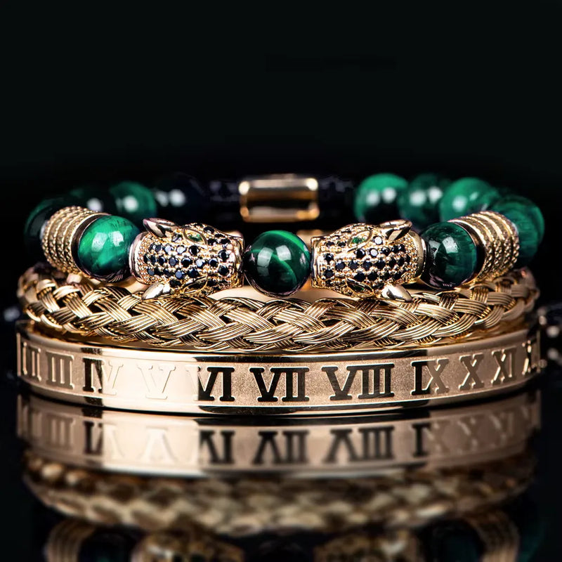 Leopard Emperor Bracelet Set - Black Stones - Green - Gold - Black