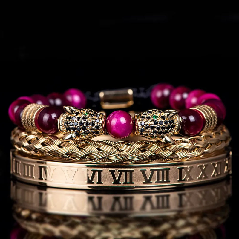 Leopard Emperor Bracelet Set - Black Stones - Magenta - Gold - Black