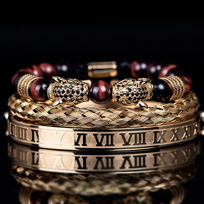 Leopard Emperor Bracelet Set - Black Stones - Red - Gold - Black
