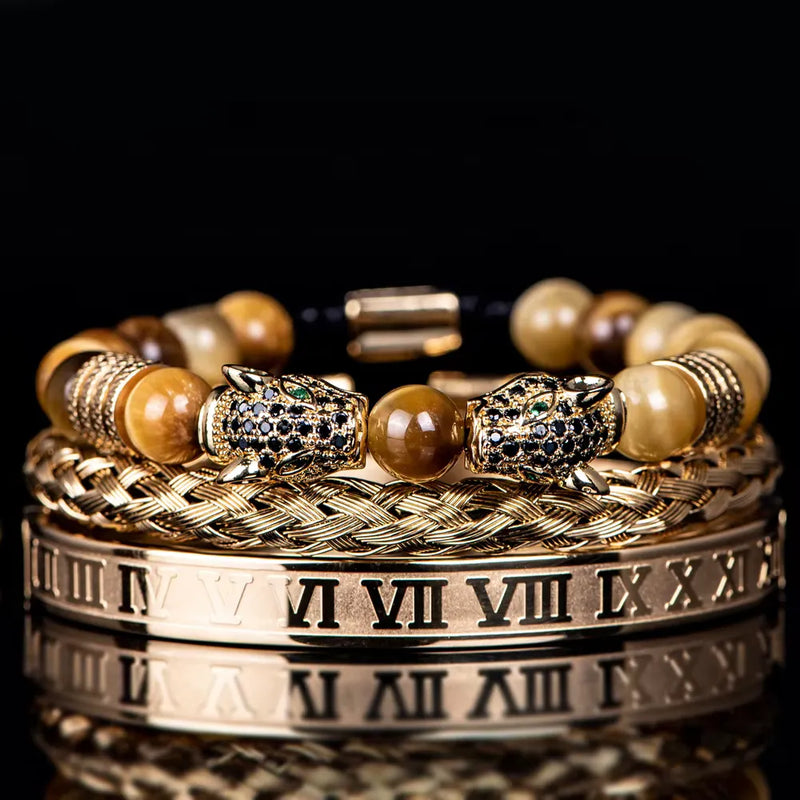 Leopard Emperor Bracelet Set - Black Stones - Brown - Gold - Black