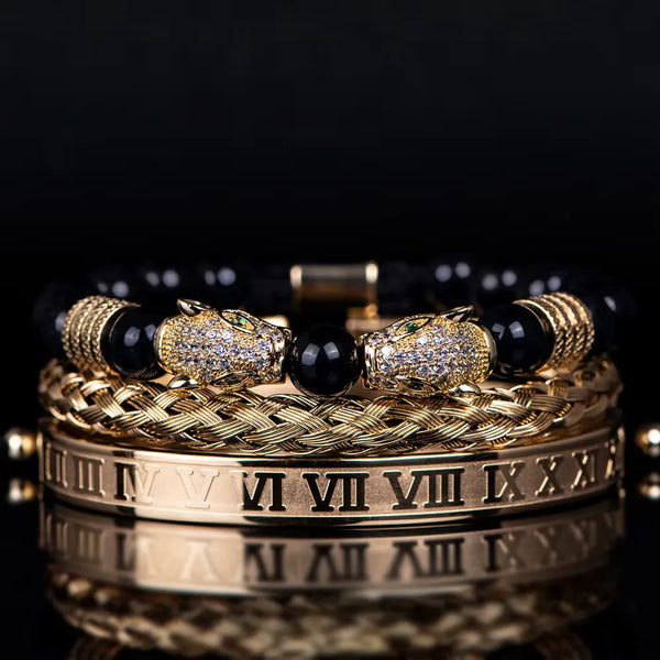 Leopard Emperor Bracelet Set - White Stones - Black - Gold - White