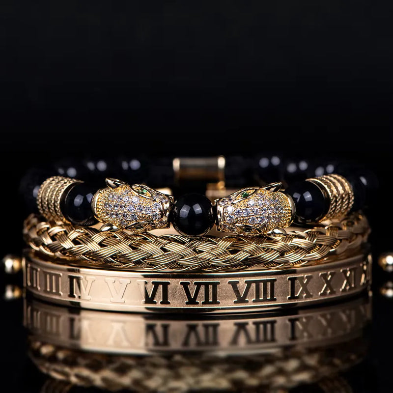 Leopard Emperor Bracelet Set - White Stones - Black - Gold - White